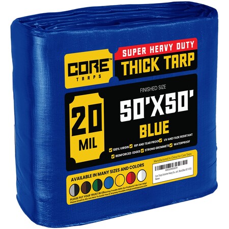 Core Tarps Heavy Duty Tarp, 50 ft L x 0.5 mm H x 50 ft W, 20 Mil, Blue, Polyethylene CT-705-50X50